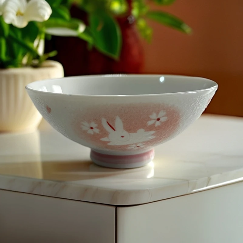 【淡雪小兔碗粉色+蓝色12*5cm】日本原装进口美浓烧米饭碗陶碗