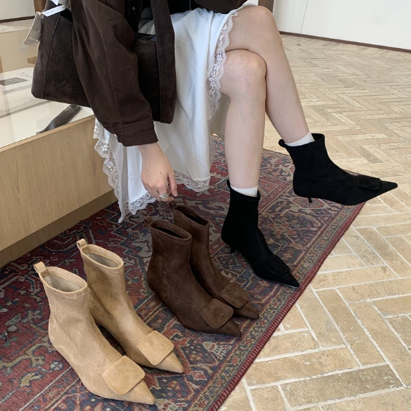 RS-13欧洲站女鞋新款绒布套筒尖头高跟短靴时装细跟弹力靴女