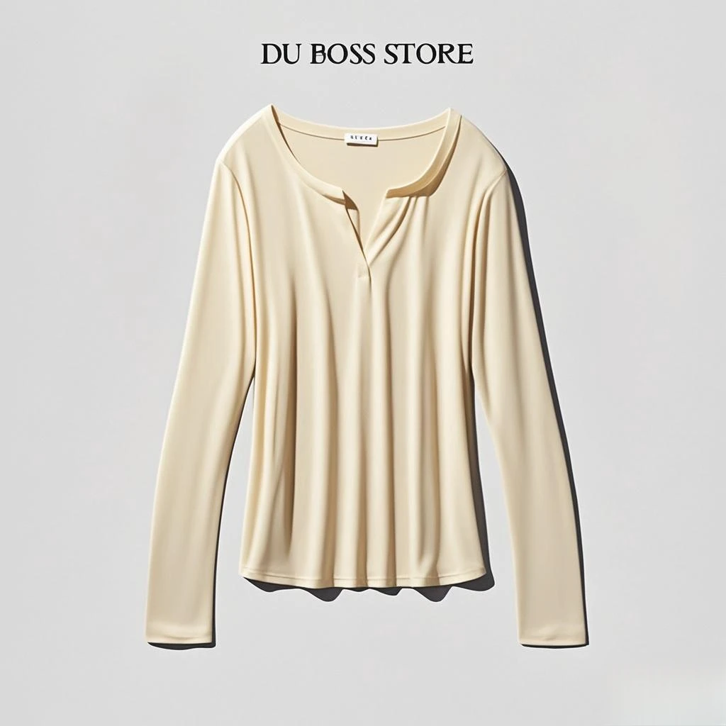 轻奢绵羊毛开口小v领长袖t恤女春秋莱赛尔显瘦打底衫基础上衣2610