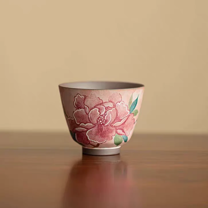复古手绘老岩泥牡丹客杯中式手工陶瓷主人茶杯家用品茗杯功夫茶具