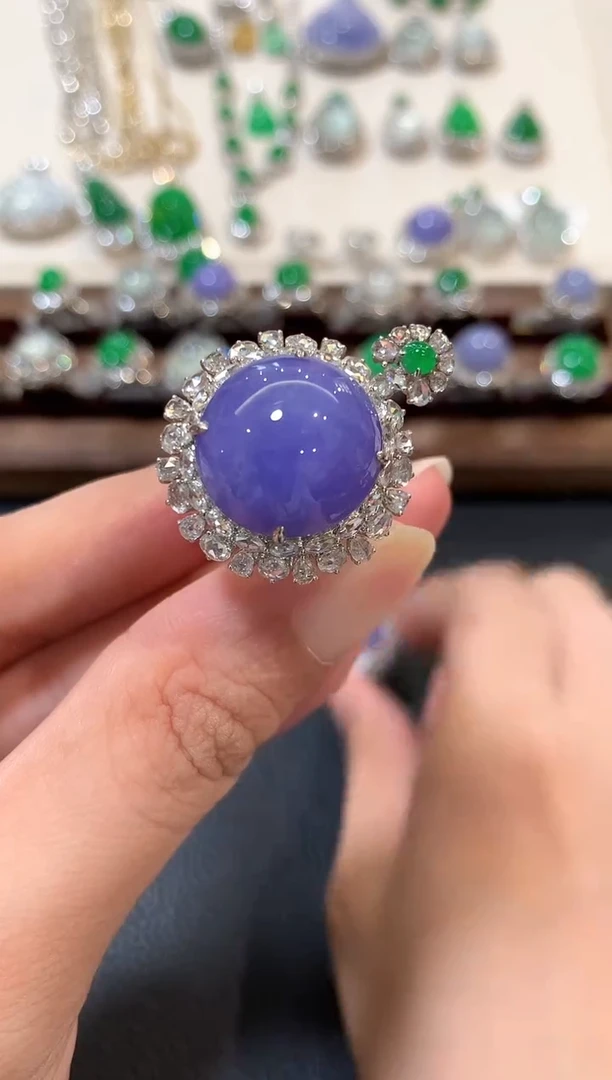 翡翠戒指18K金镶嵌b101 紫色有色差