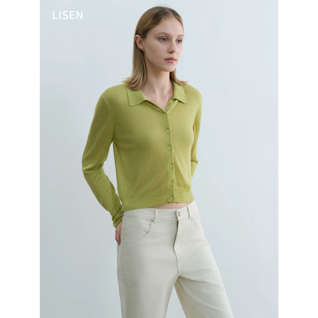 离森气质红色天丝亚麻翻领修身显瘦通勤百搭针织系扣开衫