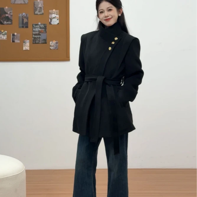 【直角肩】显瘦黑色夹棉中长款毛呢外套2025冬季新款高级感保暖大衣