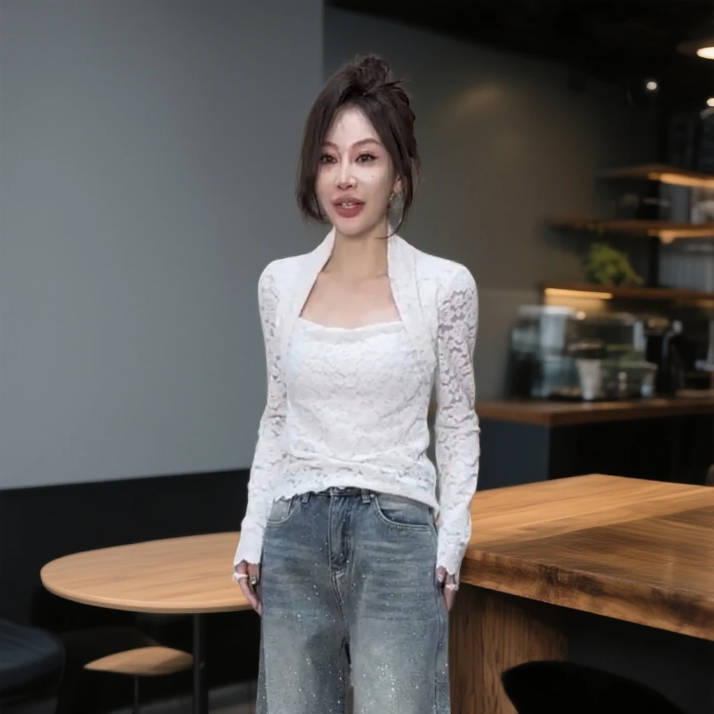 秋冬新款法式方领磨毛蕾丝刺绣修身显瘦气质打底衫上衣女百搭洋气