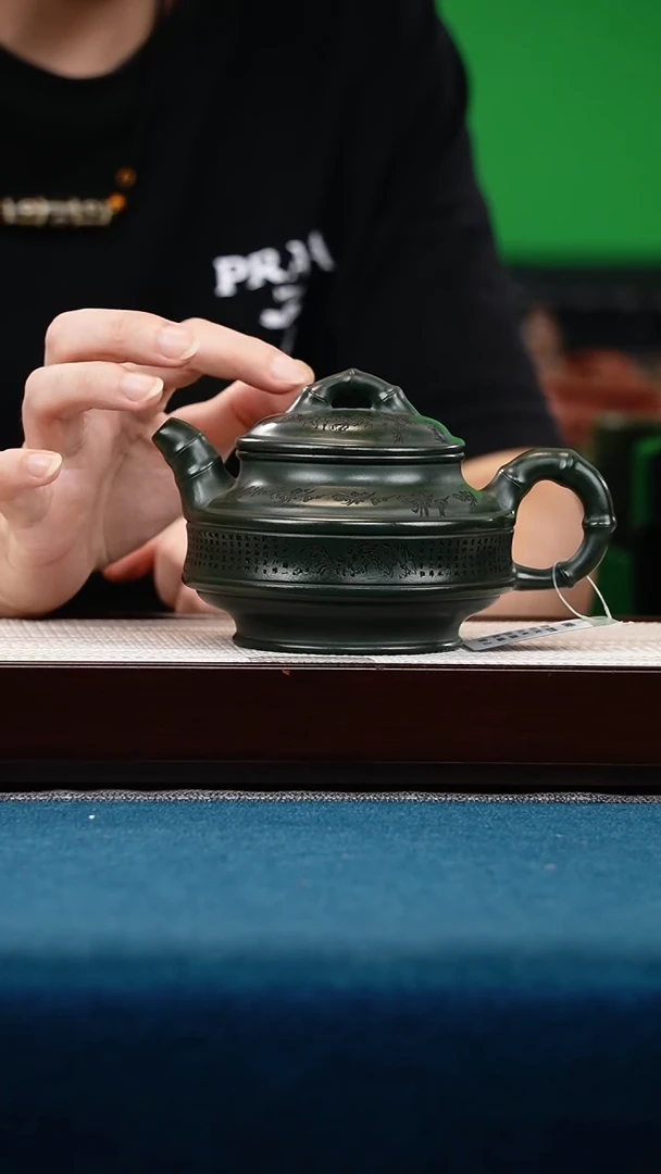 茶壶紫砂绿泥 双线竹鼓