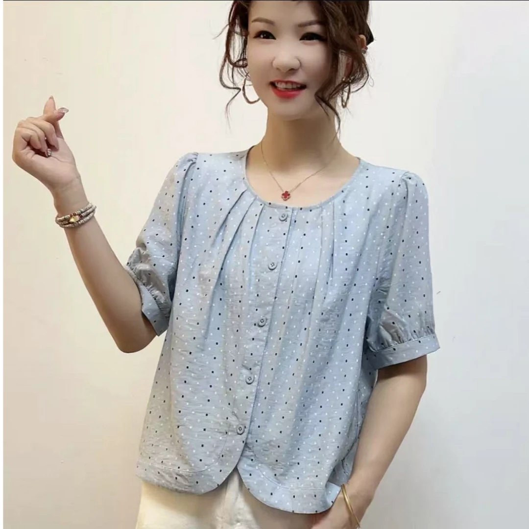 2025年夏季甜美波点休闲百搭圆领短袖衬衫韩范气质时尚优雅衬衣女