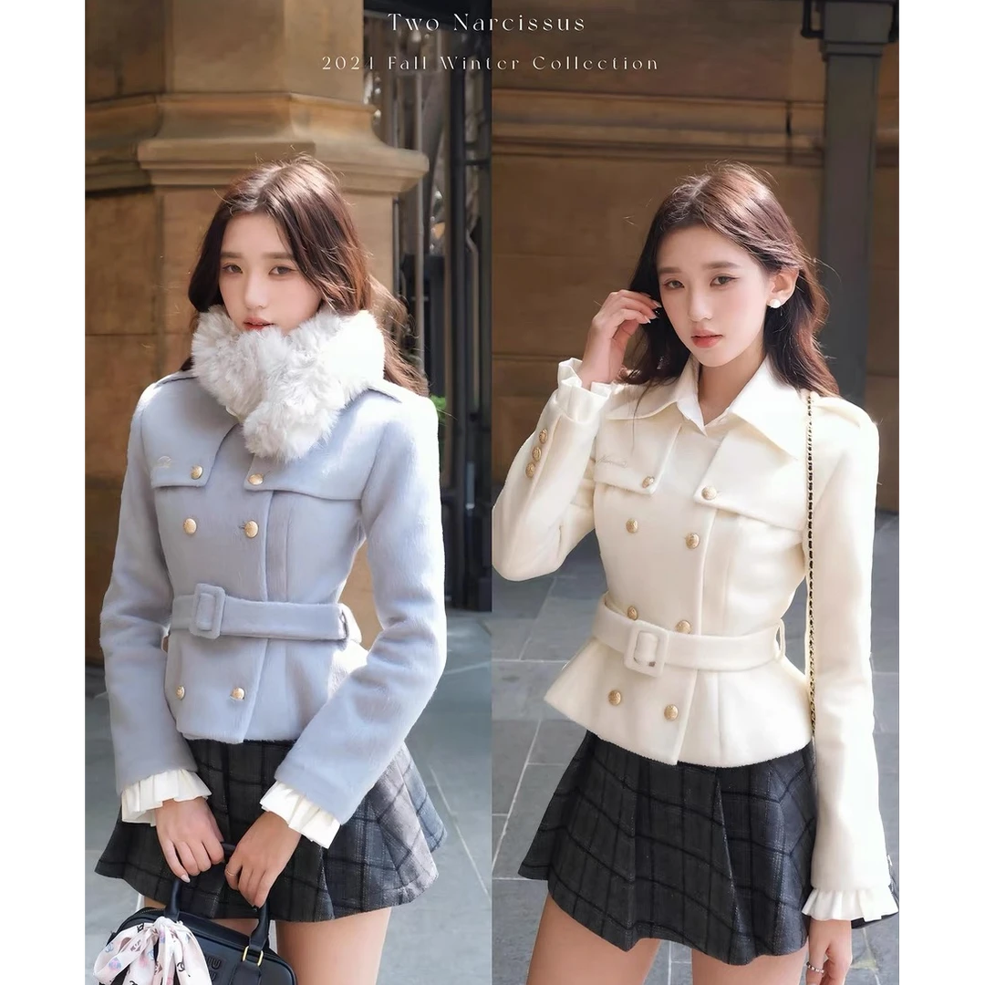 两只水仙 财阀少女 富家千金套装秋冬气质夹棉毛呢外套百褶短裙