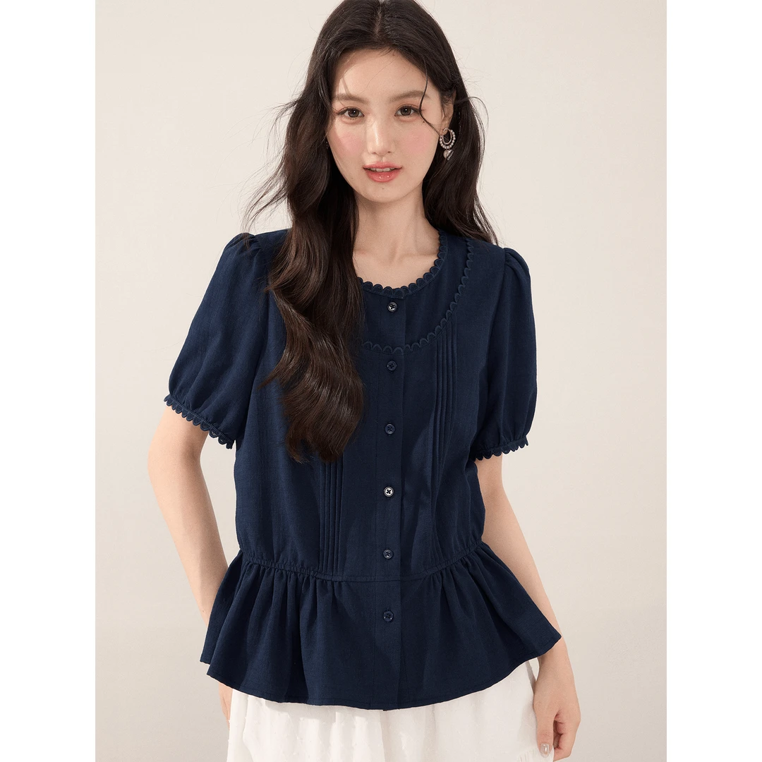 爱蔷薇大码法式正肩短袖衬衫气质女装夏季衬衣荷叶边上衣GT77882