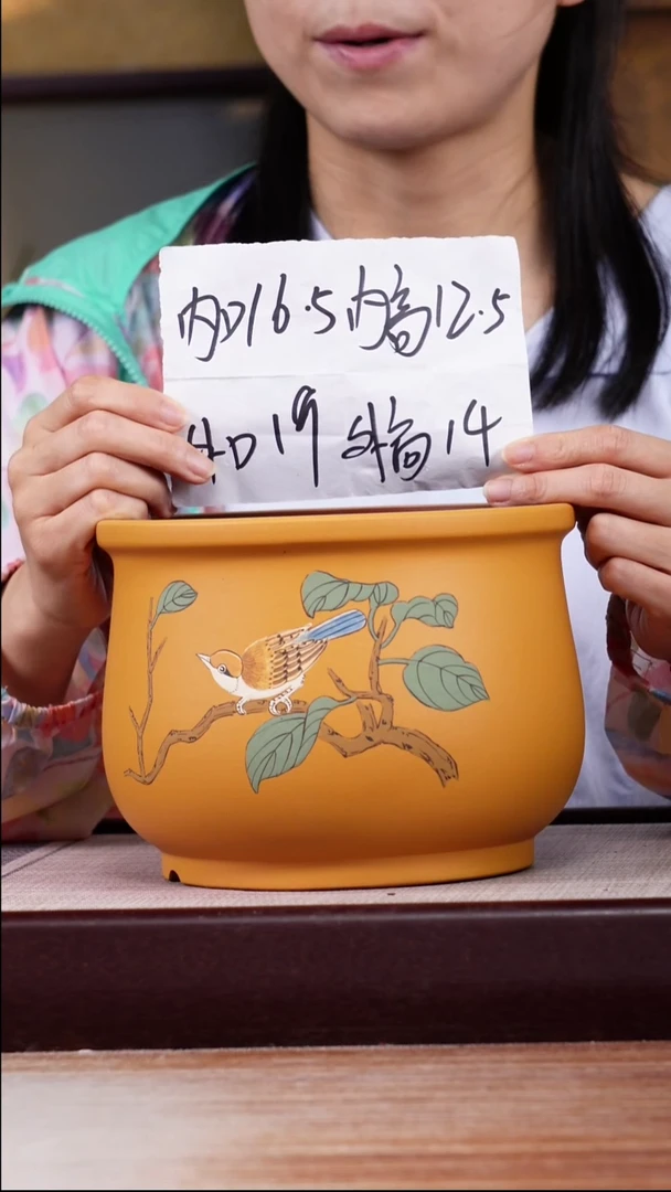 紫砂花盆粉浆绘叶子小鸟矮圆盆一只无托