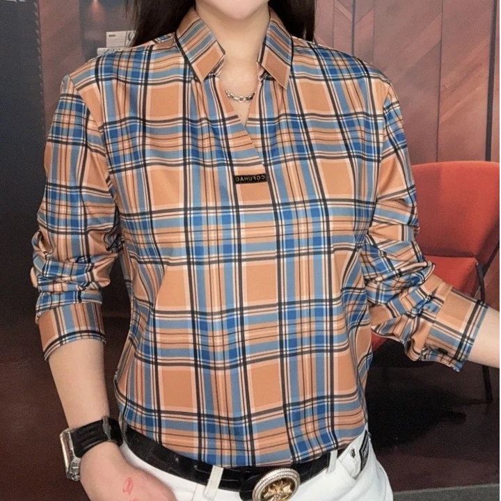 【双蝉男装】春款高端男士时尚商务休闲百搭潮流格子V领长袖衬衫