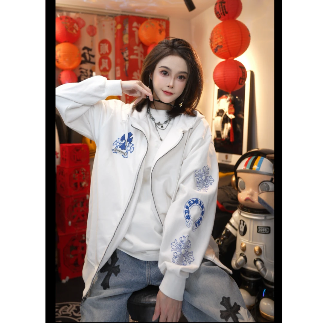 【钱老板】sonAmoo蓝色拼皮十字刺绣开衫连帽外套男士秋季D15502