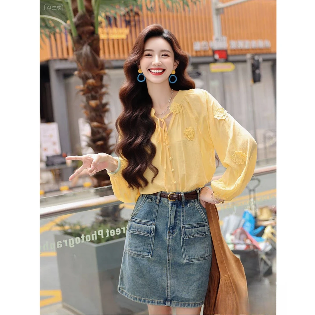 多巴胺黄色蝴蝶结衬衫女2025秋季上衣小个子设计感小众漂亮小衫