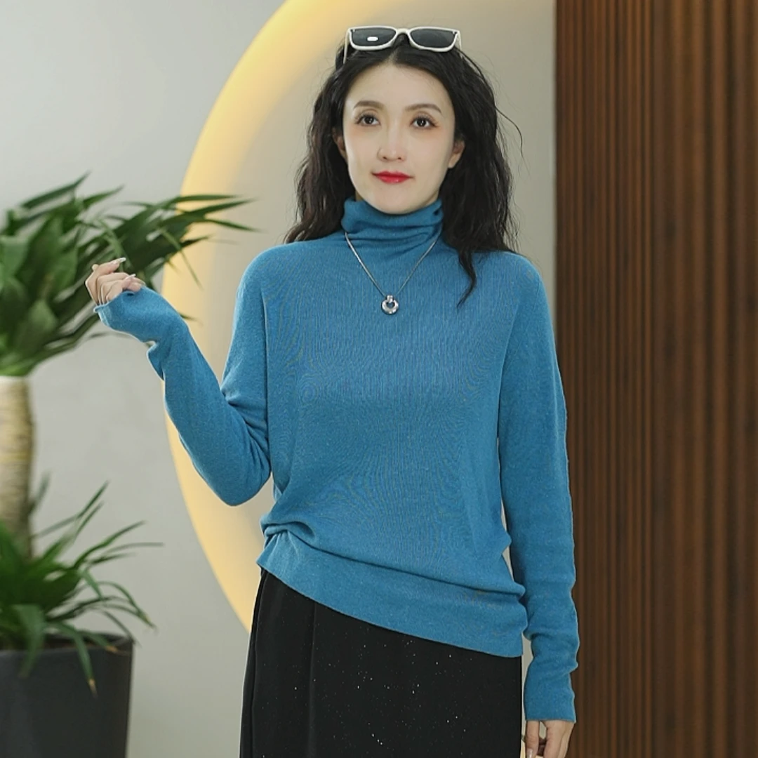 点子纱绵羊毛打底衫女堆堆领亚麻弹力显瘦针织衫彩点秋季上衣T恤