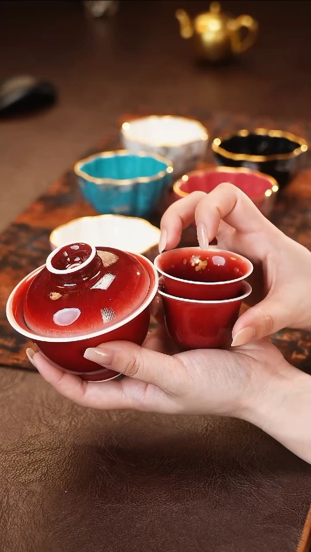 茶杯紫砂【宜景窑郎红系列】盖碗+杯子*2