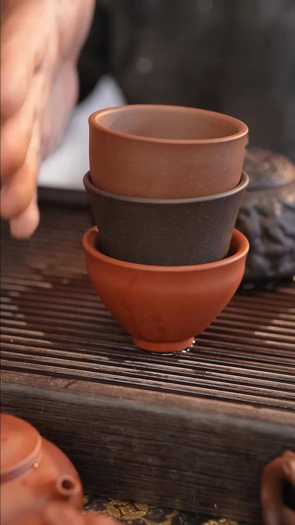 茶壶紫砂【发三个杯子】北红赤铁葫芦杯 黑金砂马蹄杯 变色龙缸杯