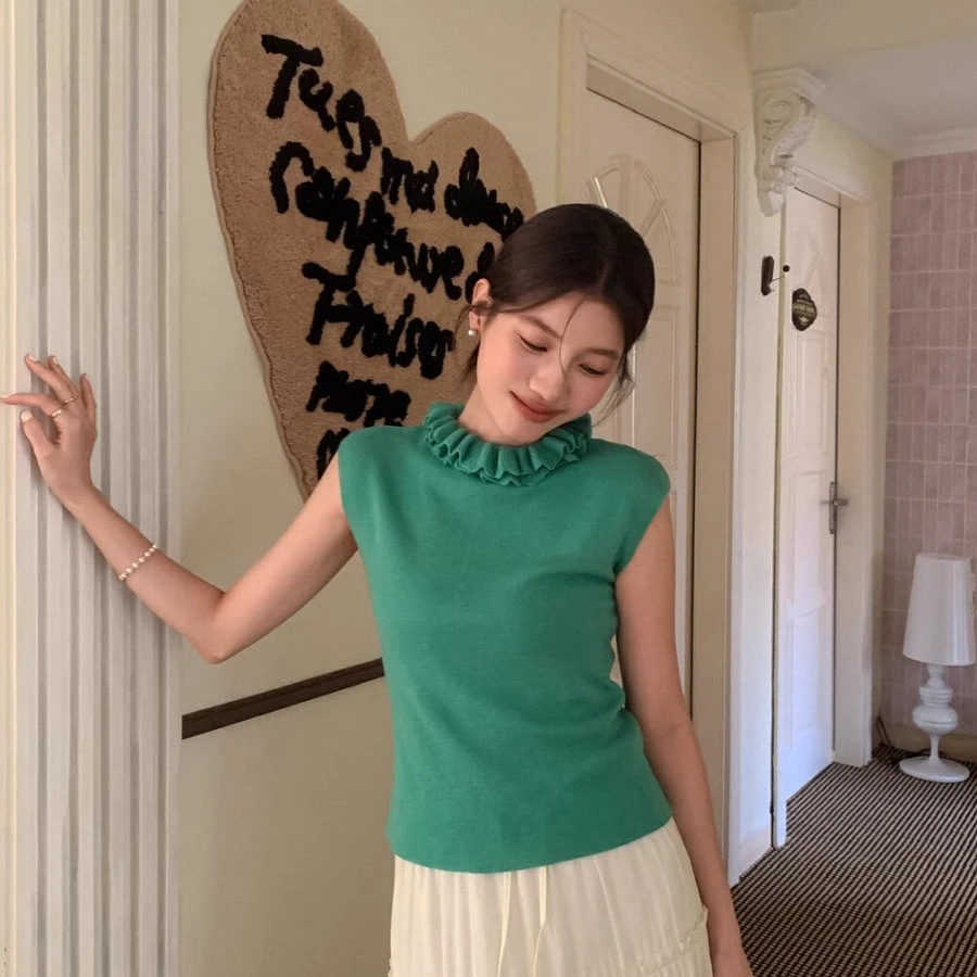 韩系百搭双层荷叶边领高弹力针织衫女2025春季无袖打底衫I1-24