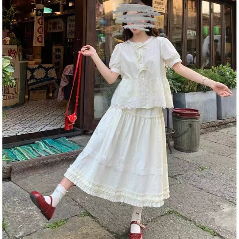 夏季甜美复古短袖蕾丝拼接上衣显瘦半身裙套装