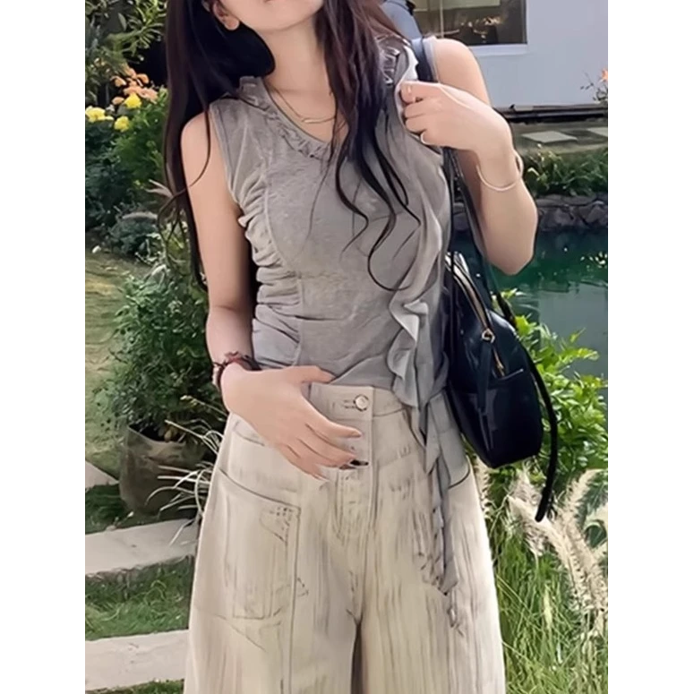 法式内搭灰色不规则花边小吊带背心女夏绝美短款褶皱飘带无袖上衣