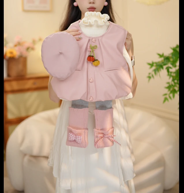 秋季新品韩版女童甜美皮质马甲针织打底衫打底裤裤三件套XY25159