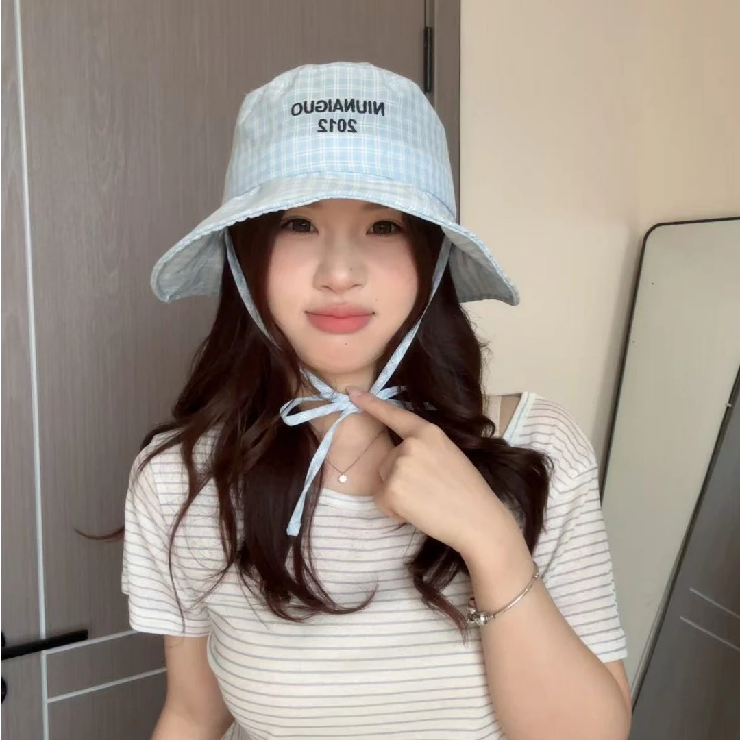 格子渔夫帽女春夏款大帽檐防紫外线遮阳透气盆帽日系百搭时尚