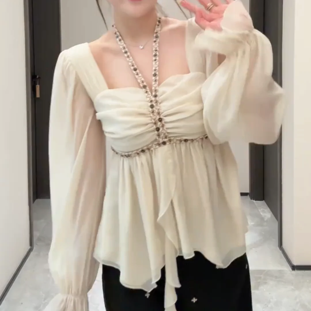 大码法式纯欲方领挂脖收腰衬衫女早秋胖mm巨好看显瘦别致小衫上衣