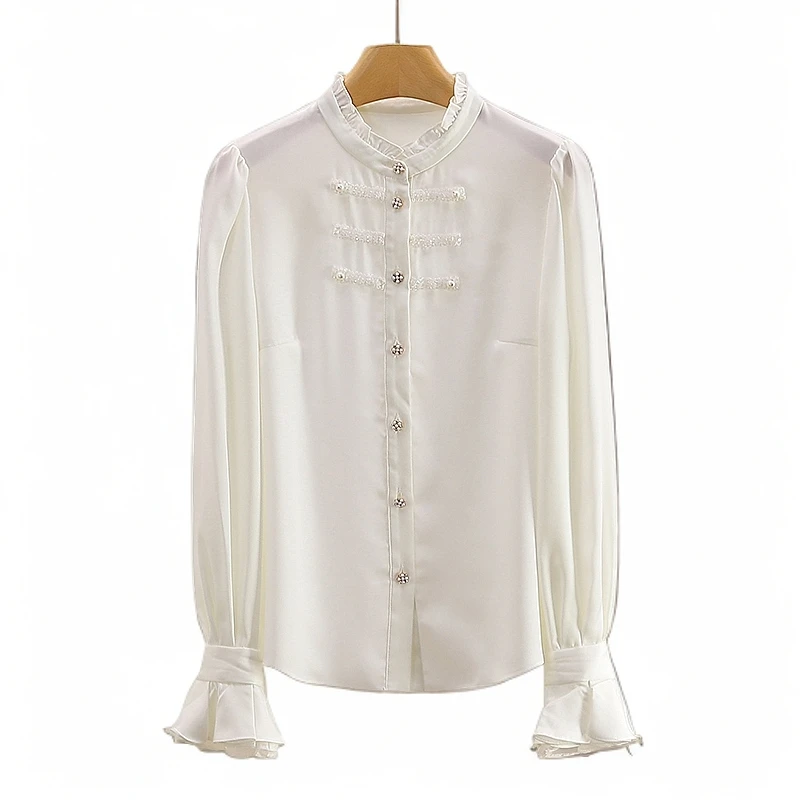 【伍莎-自营】木耳领垂感泡泡袖纯色雪纺衬衫#ZYW48S038