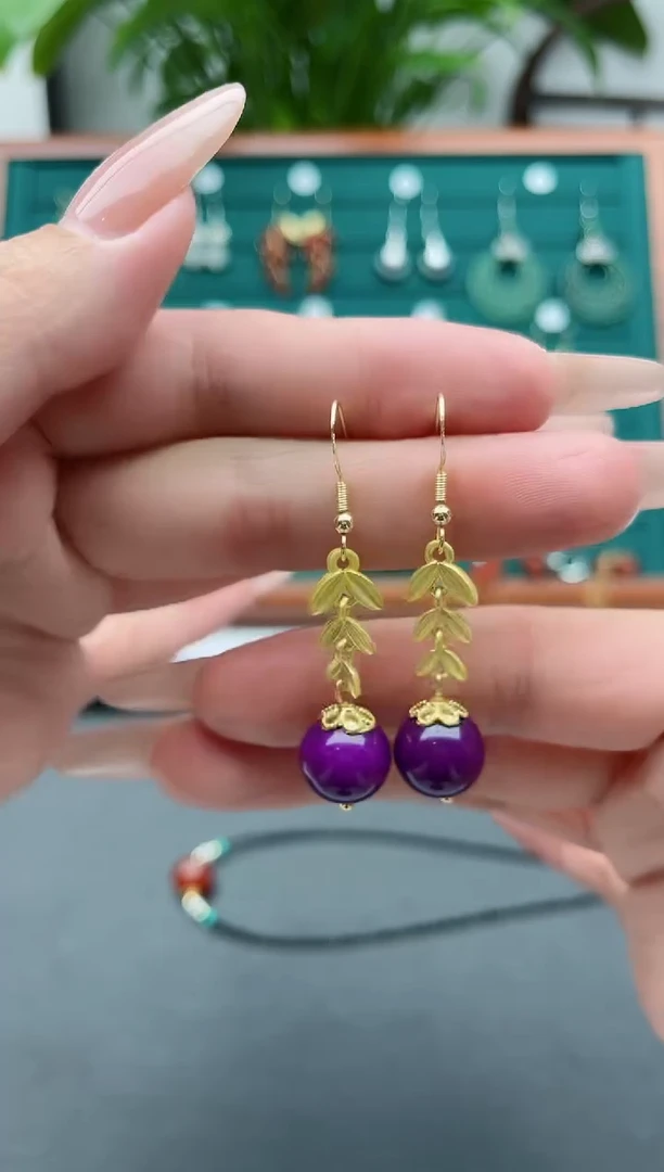 【闪购商品】玛瑙/玉髓耳饰银S925镀金镶嵌039紫