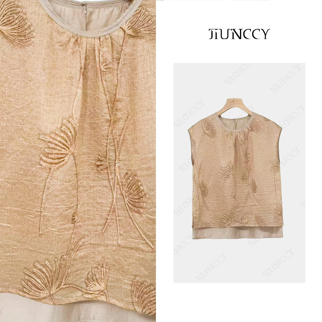 JIUNCCY【夏荷】手工扎染天丝重工刺绣拼接下摆连肩袖上衣 52YCY078