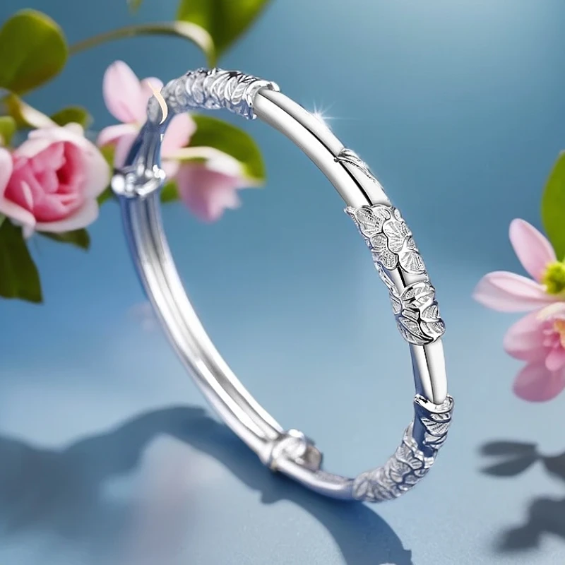 足银手镯 梦祥银手镯繁花似锦花丝镶嵌时尚镯年轻款推拉女士手环