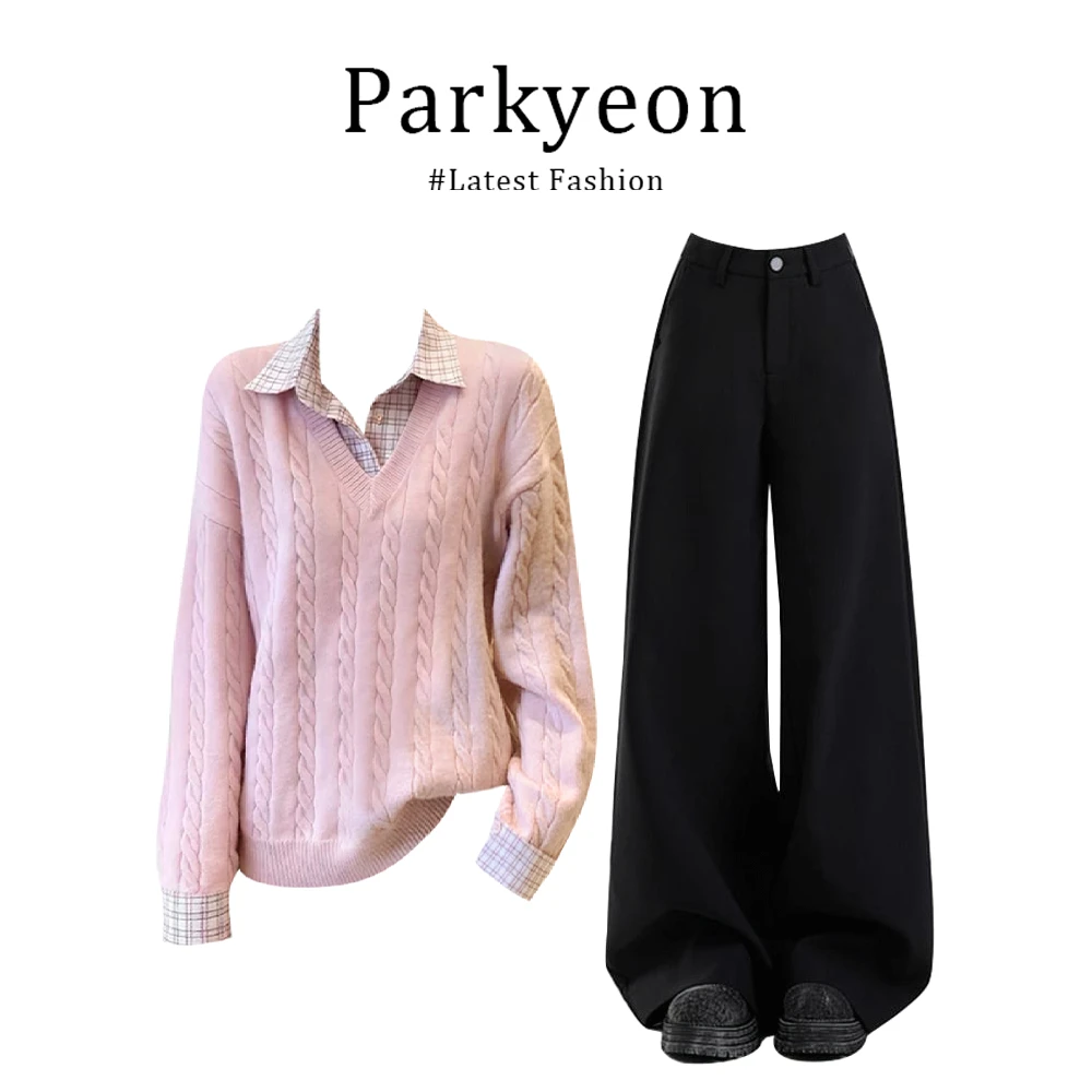 parkyeon粉色polo领衬衫拼接假两件毛衣女秋冬新款显瘦休闲裤套装