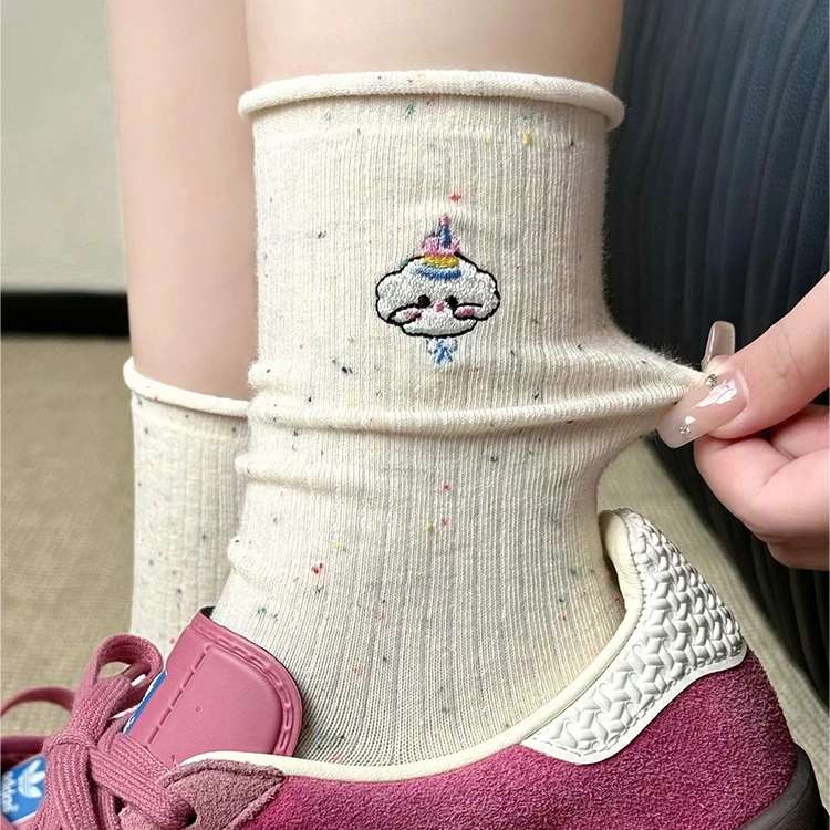 卡通可爱刺绣点子纱袜子女中筒春秋季堆堆袜ins潮日系女款袜子