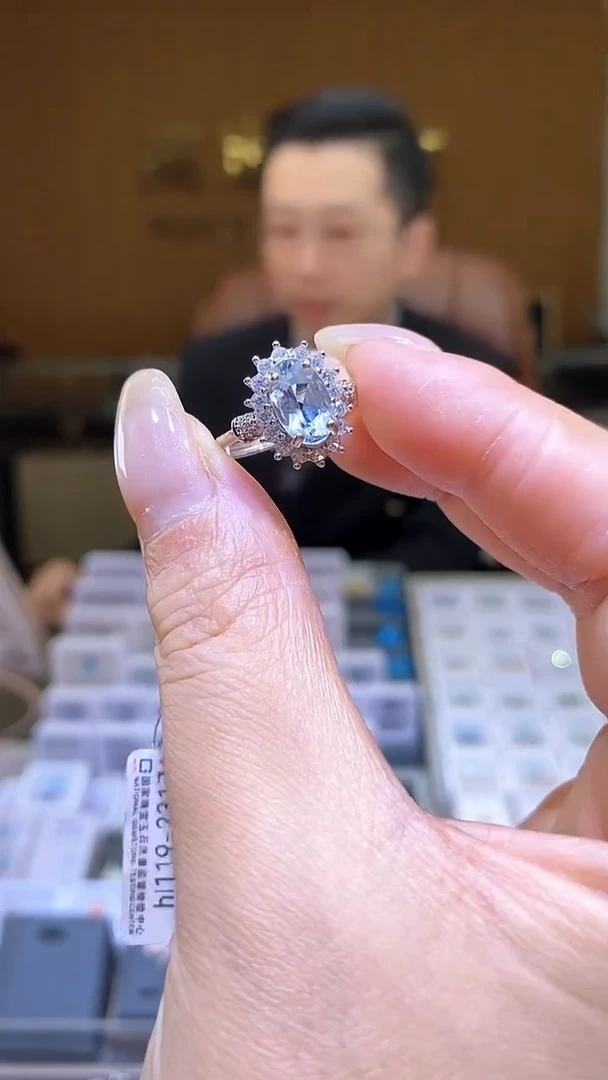 银S925镶嵌戒圈海蓝宝石天然海蓝宝