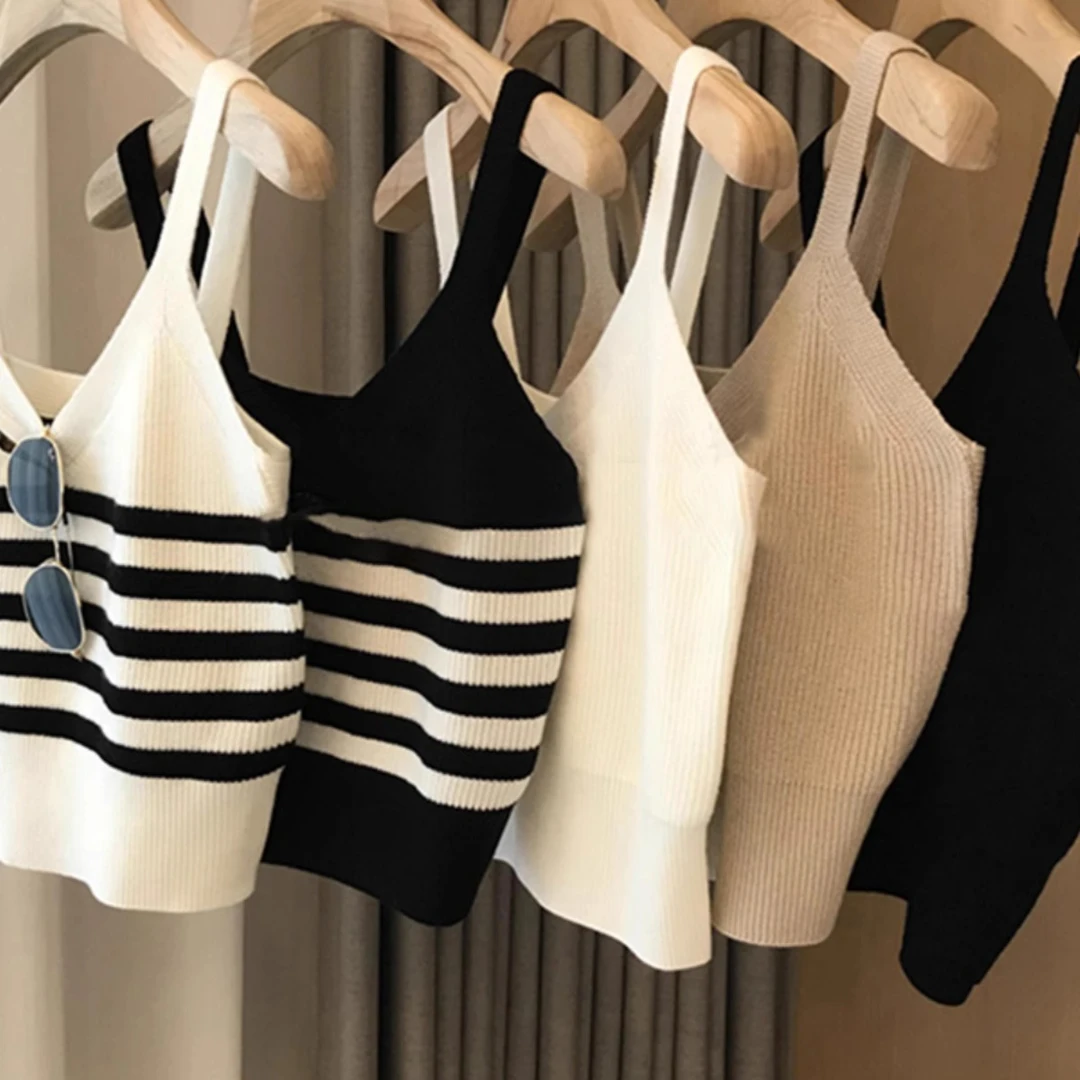 撞色条纹针织吊带小背心女夏季新款修身显瘦内搭短款露脐打底上衣