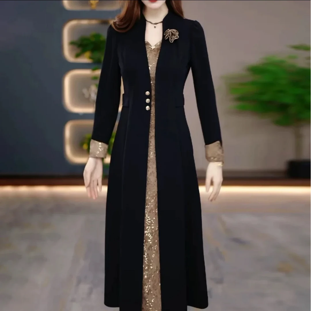 高定原版软精仿拼接琉璃缎假两件连衣裙