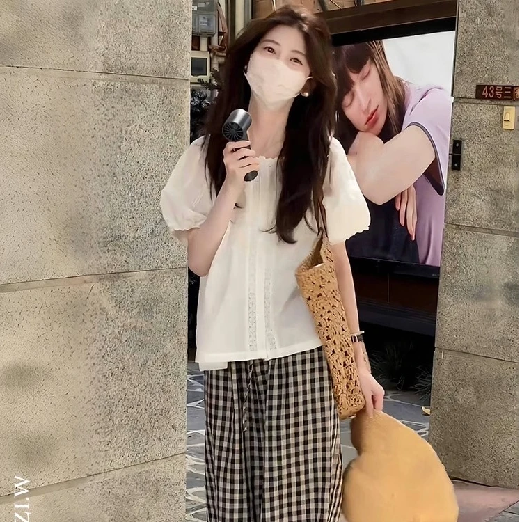 夏季减龄一整套穿搭韩系甜美蕾丝花边短袖衬衫百搭格子长裤套装女