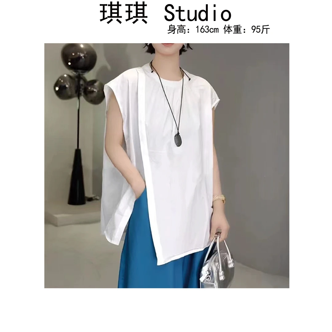 《琪琪家》夏季新款时尚休闲简约百搭开叉不规则圆领无袖上衣8298-G
