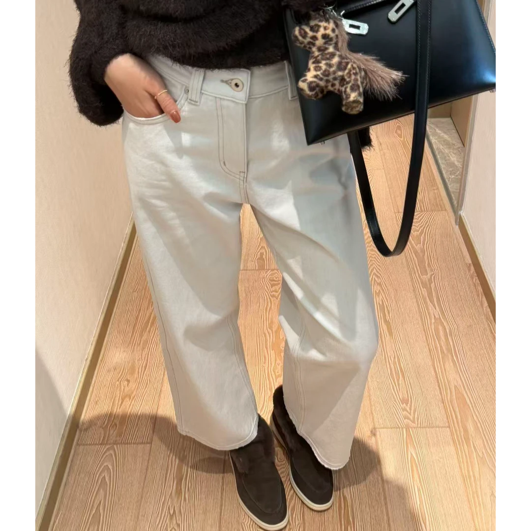pp家   “一粒扣”直筒牛仔9分裤女士特调白玉色净版明线牛仔休闲裤