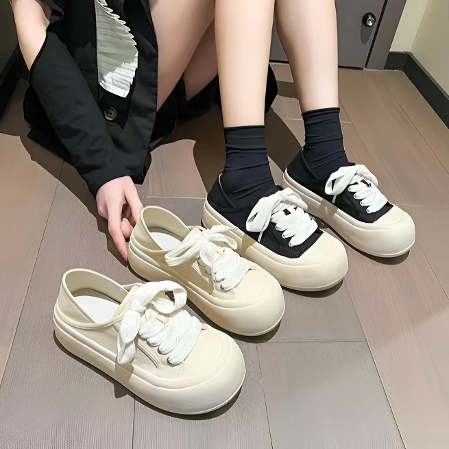 大头面包鞋女chic鞋子百搭2025春季新款两穿帆布鞋休闲厚底小白鞋