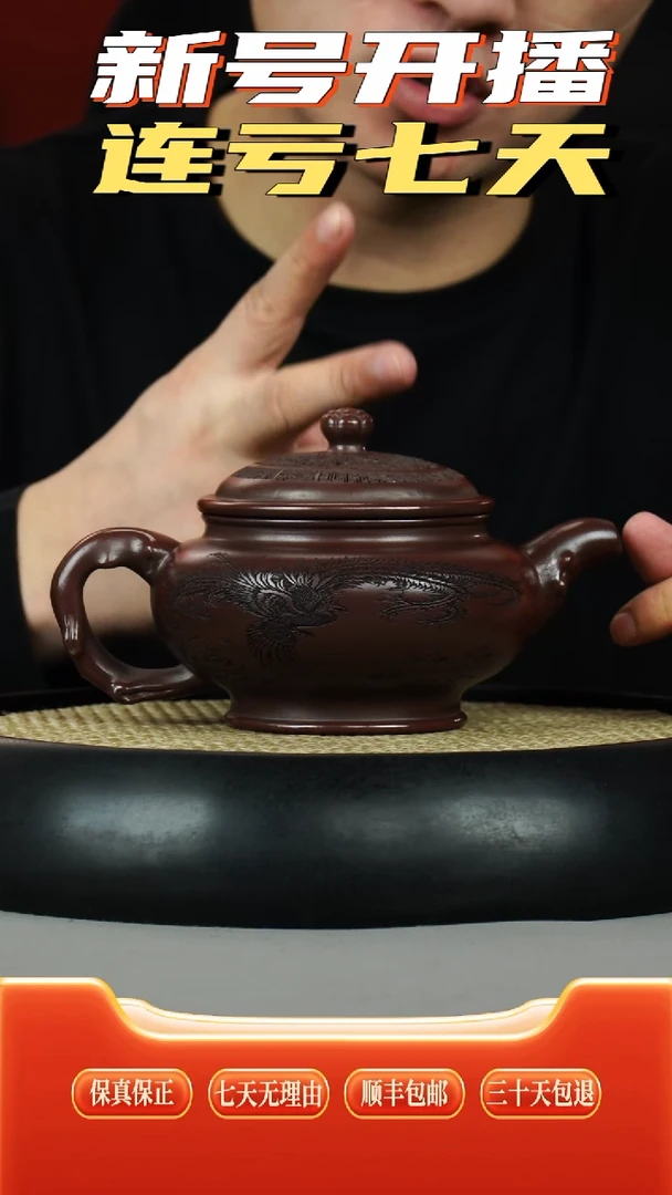 茶壶紫砂铁血红砂   双龙戏珠刻绘  宫灯