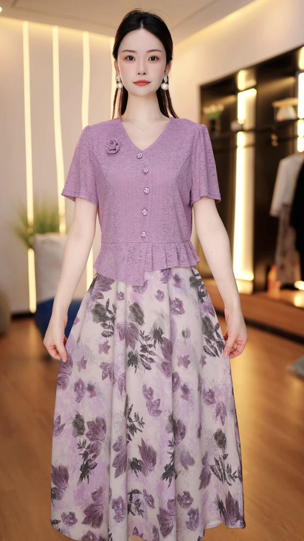 高级感洋气假两件套短袖连衣裙女2025春夏新款显瘦时尚气质长裙