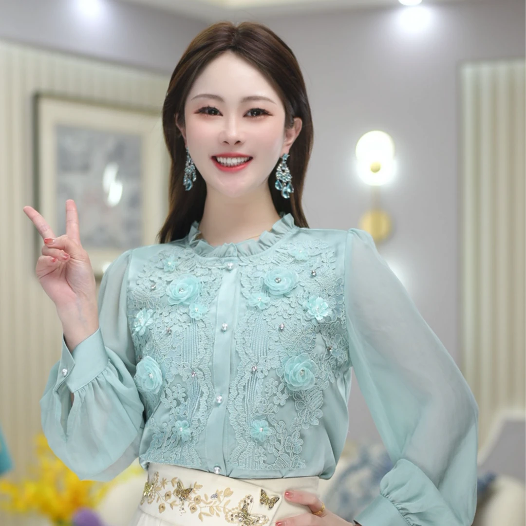 米娅 春季新款时尚拼接花朵纯色长袖衬衫百搭气质显瘦衬衣 DY5556