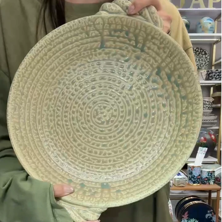 【单支】日本进口濑户烧麻绳纹双耳大钵31cm(不含双耳)