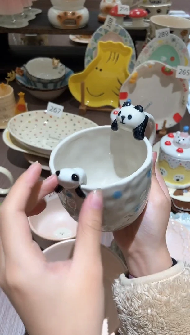 瓷熊猫水杯+勺子默认微瑕