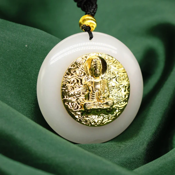 天然新疆玉石观音十二生肖八大守护神双面镶嵌金丝玉直播间Y670