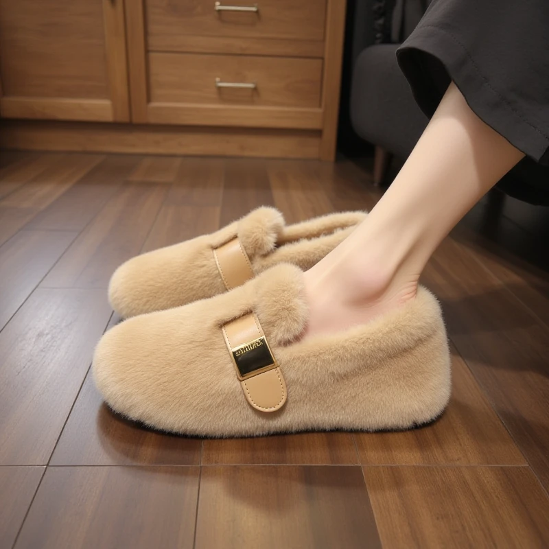 【水貂绒】毛毛鞋女2025新款秋冬季外穿一脚蹬加绒韩版孕妇软底棉鞋
