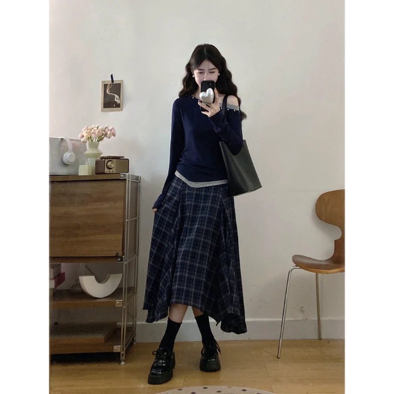 大码秋季新韩系假两件斜肩撞色显瘦上衣不规则格子半身裙洋气穿搭