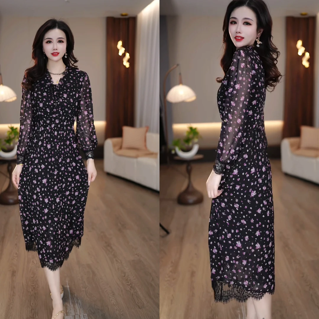 2025春季新款碎花显瘦气质时尚修身洋气中长款女士连衣裙M-4XL