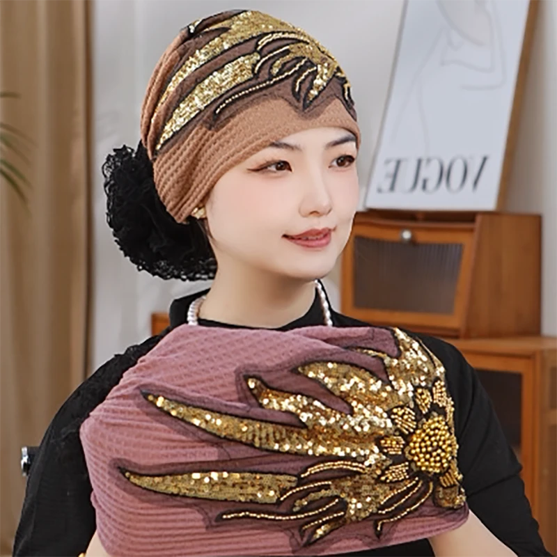 四季新款蕾丝花朵包头帽时尚洋气凤尾太阳花遮白发帽收碎发头巾帽