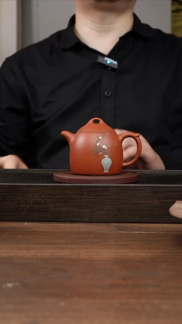 茶杯紫砂天*全手朱泥秦权   堆绘梅花  160CC