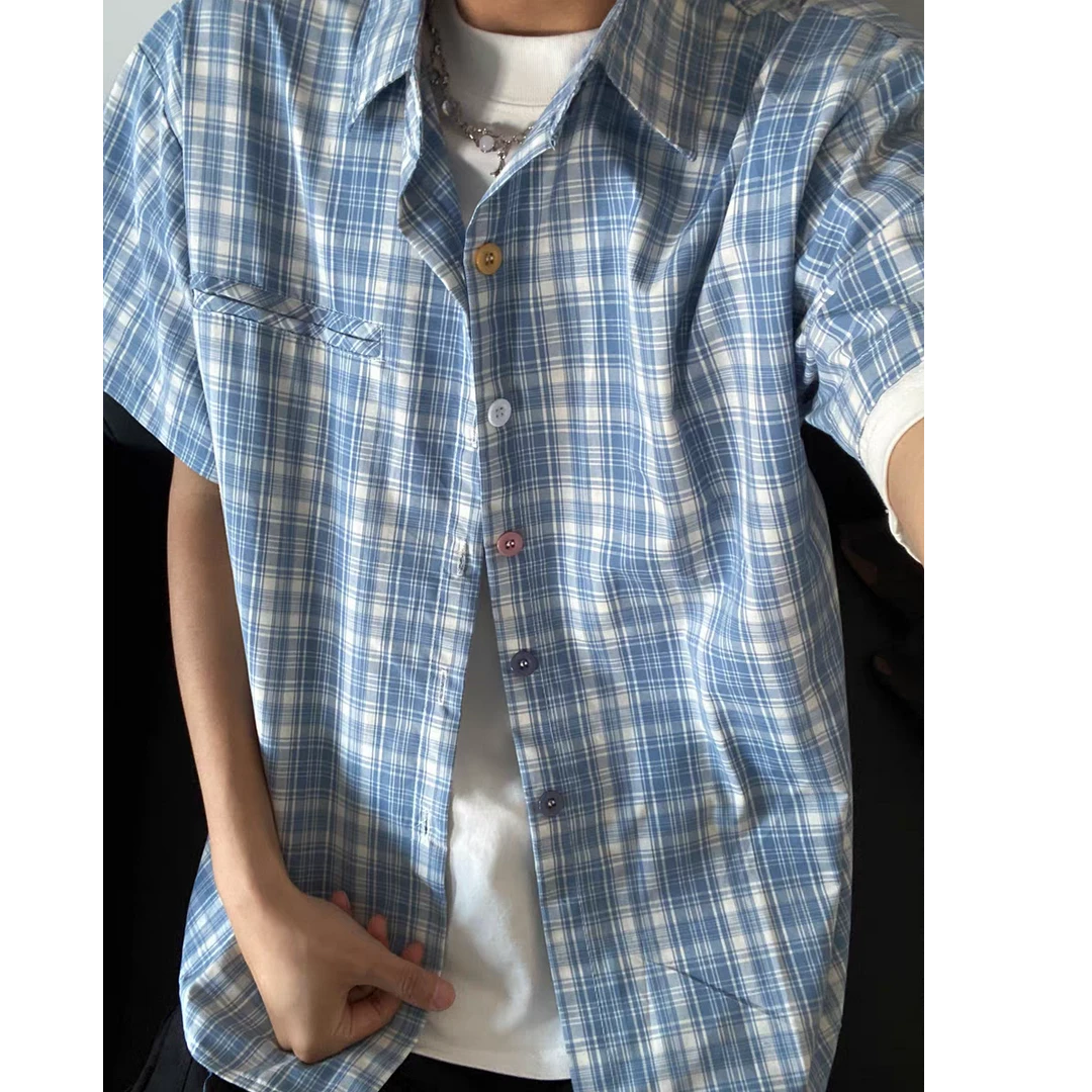 夏季薄款衬衣日系百搭少年感蓝格衬衫休闲撞色纽扣短袖衬衫上衣